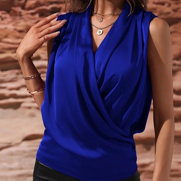 Luxe Satin Overlap Sleeveless Work Office Top - Picture 13 of 16